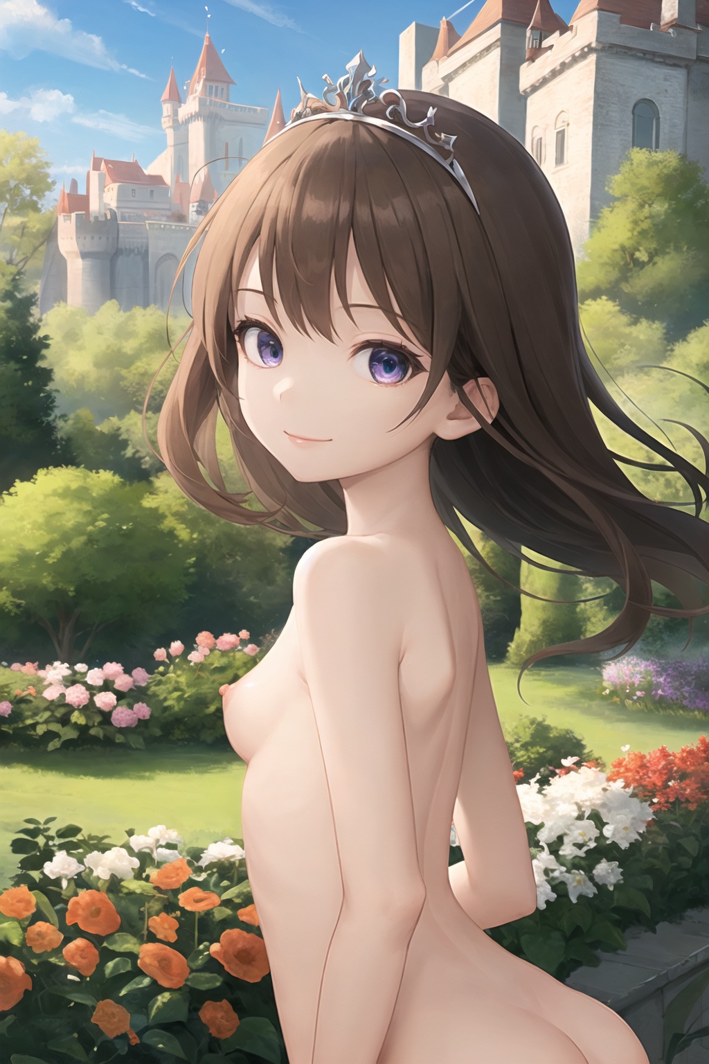 全裸にティアラを付けたロリがガーデンで風を受けて微笑んでいる