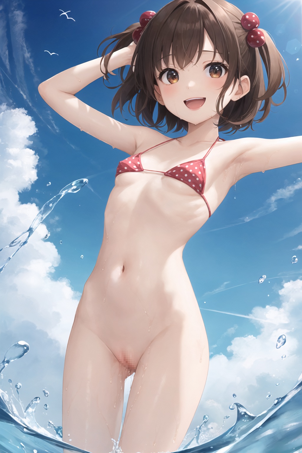 ボトムレスビキニで海ではしゃぐロリ
