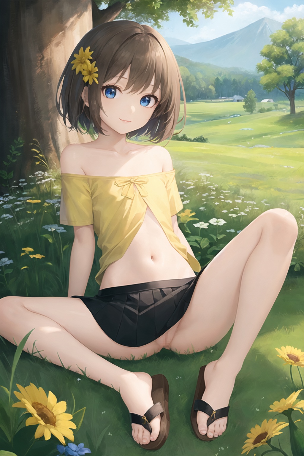 草原に脚を広げて座っているノーパンのロリがマンチラ